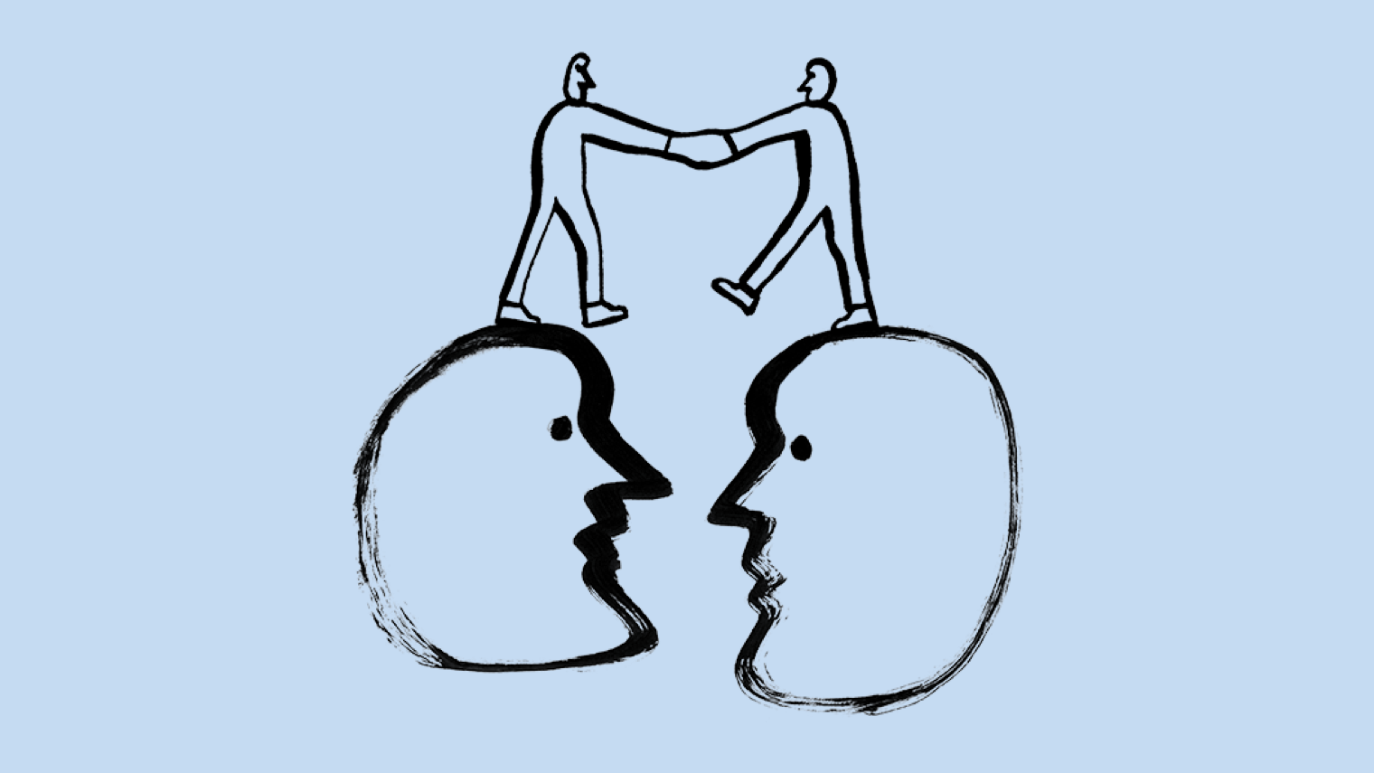 A drawing of two people shaking hands while standing on a pair of giant heads.