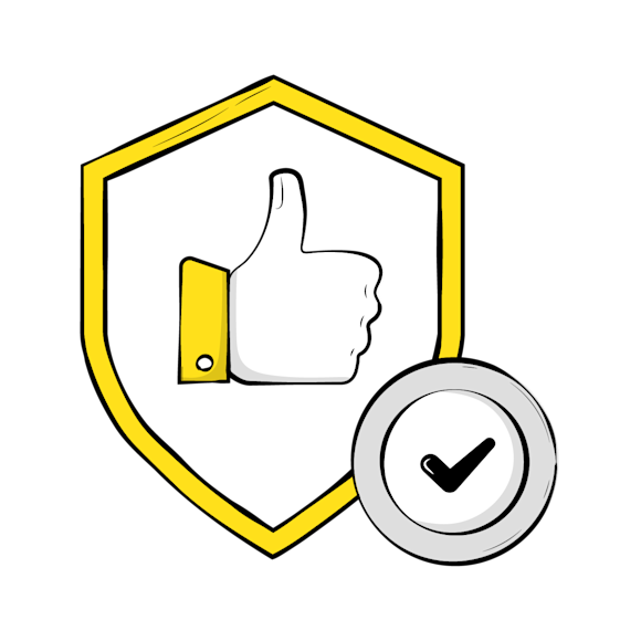 FAQs: Starting an online store without inventory - Yellow shield with white thumbs-up icon inside and a gray checkmark circle badge