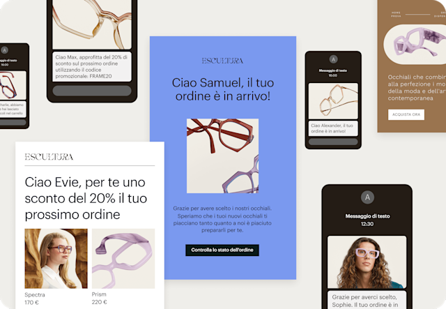 Immagine di varie interfacce SMS ed e-mail astratte del brand fittizio Escultura. L'immagine mostra come le aziende possono accogliere nuovi contatti e recuperare i carrelli abbandonati utilizzando automazioni AI ed e-mail già strutturate.