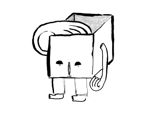 Simple black and white line drawing of a blocky, cartoon-style box