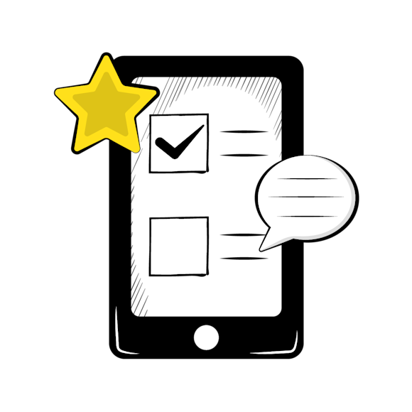 engaging email survey concept - Black and white illustration of a smartphone with a checklist, yellow star icon, and speech bubble, suggesting feedback or review