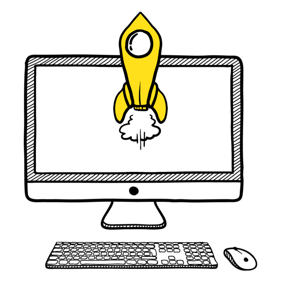 rocketship coming out of a computer screen
