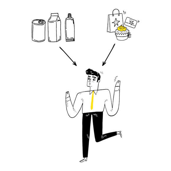 Illustration of a man excited about different services and products 