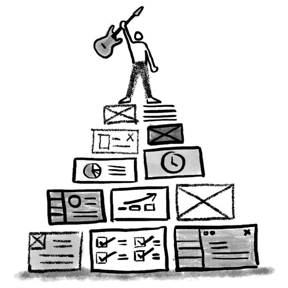 Person with guitar standing on top of a number of tasks and to-do lists