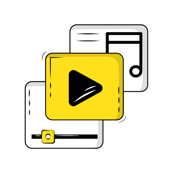 add multimedia elements concept - stylized media player icon with yellow play button, progress bar, and musical note on white background