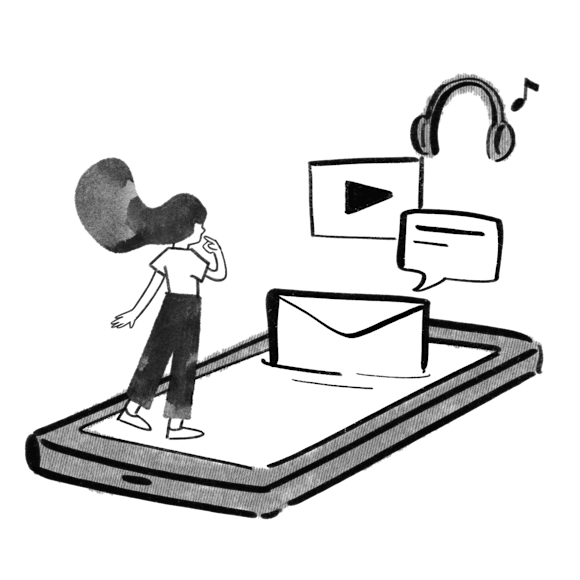 Woman standing on a large phone with emails, texts, and videos