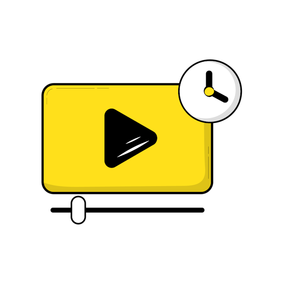 Yellow video player interface with black play button, progress bar, and clock icon showing video duration