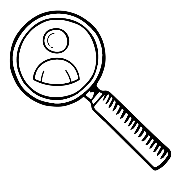 Graphic of a magnifying glass with a person icon inside