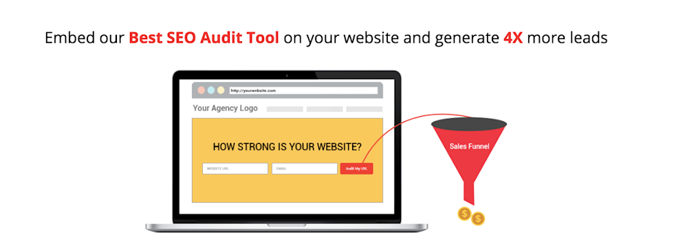 Image of laptop with text Embed our best seo audit tool on your website and generate 4x more leads