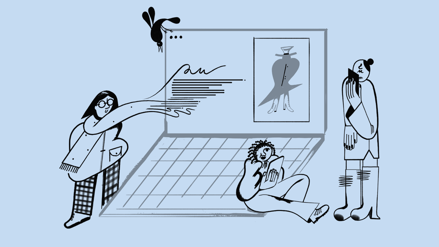 Three people and a bird gathered around a giant laptop.