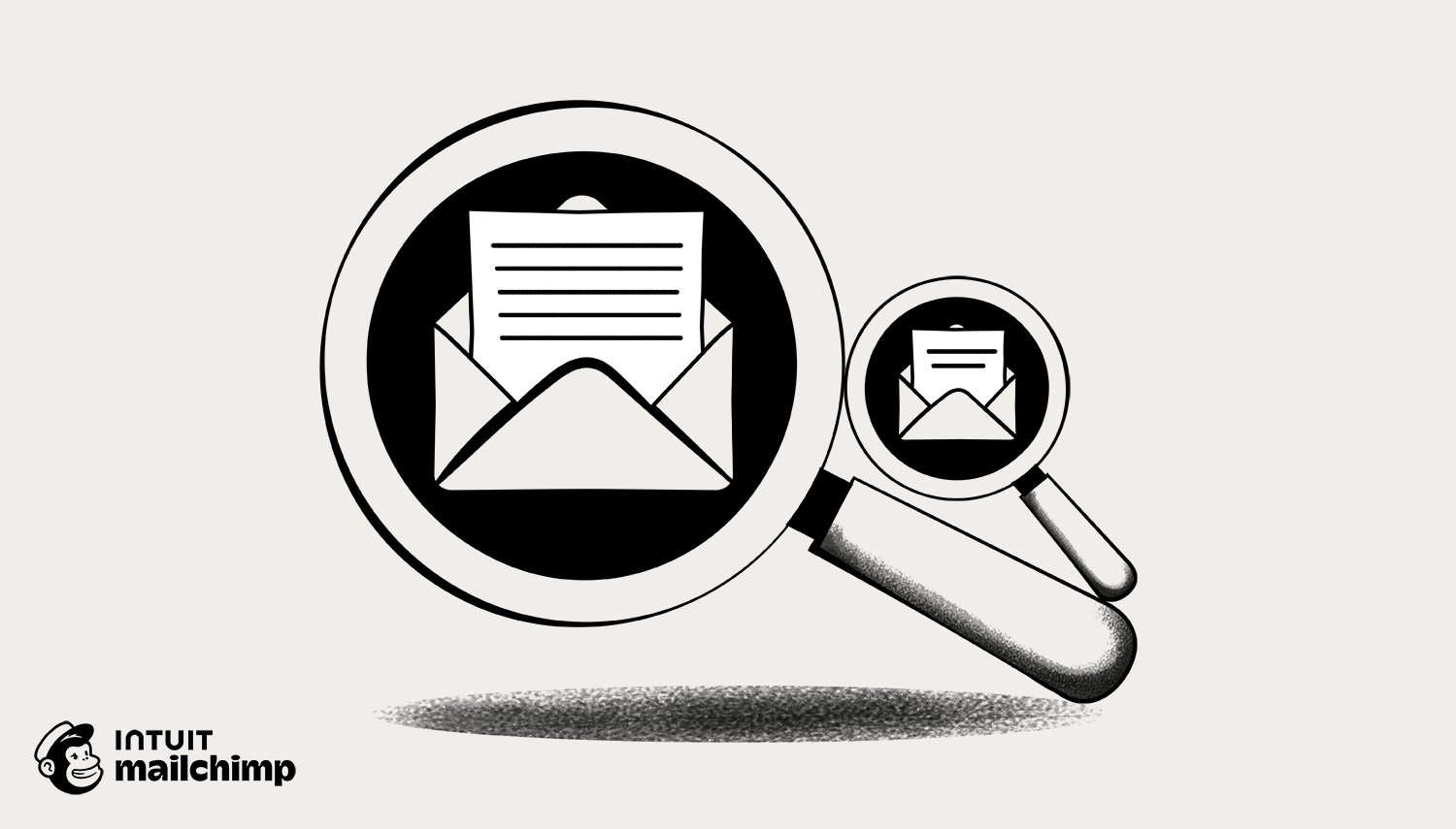 Black and white illustration of a magnifying glass examining an open envelope with a letter icon inside, with Mailchimp logo below