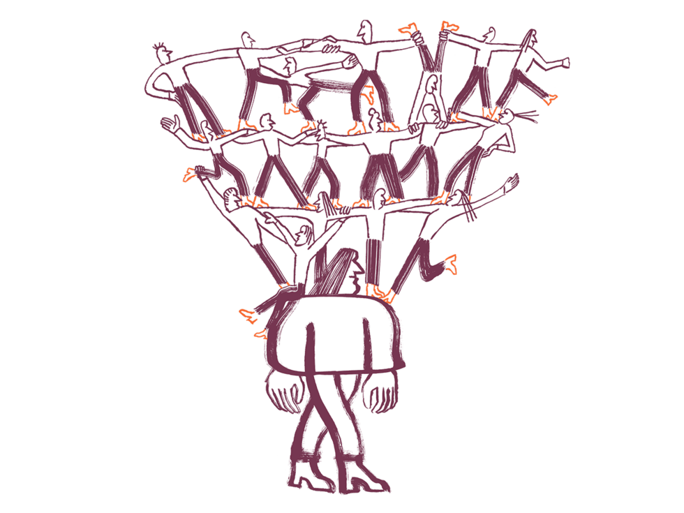 cartoon illustration of humans balancing on top of one another 