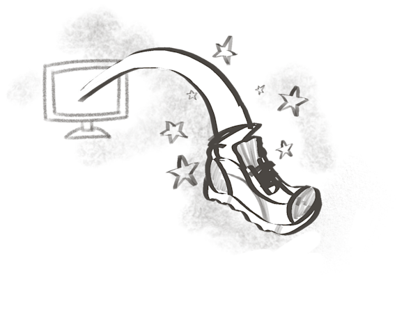 Running shoe coming out of a computer screen