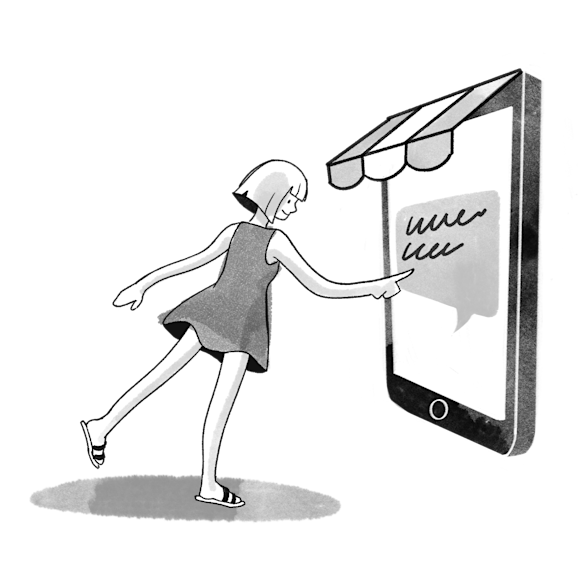 woman in a dress using a large tablet