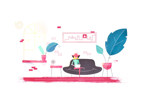 Illustration of person sitting on dark couch with laptop, surrounded by potted plants in a minimalist pink and blue room setting