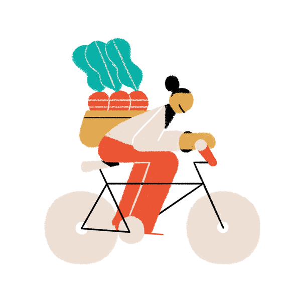 Minimalist illustration of a cyclist carrying groceries with fresh carrots in a basket while riding a bicycle