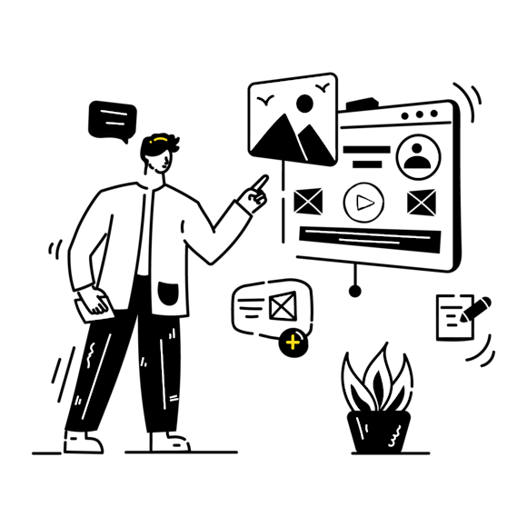 Graphic of someone pointing at a screen with various media channel icons surrounding it