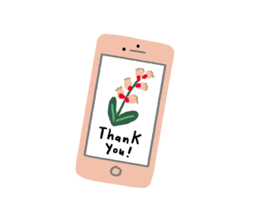 Pink smartphone displaying a digital thank you card with a simple illustration of a red and pink flower with green leaves