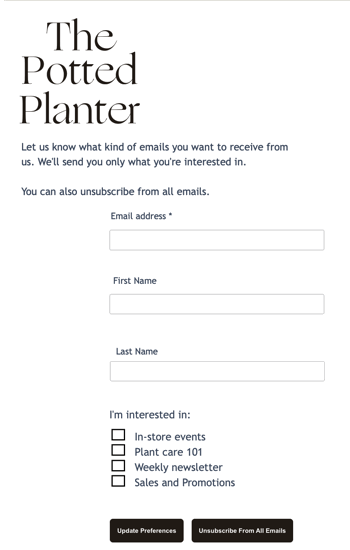 sample form where users can add an email address, first, or last name