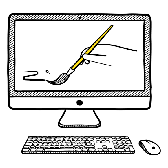 computer with hand and paintbrush on the screen