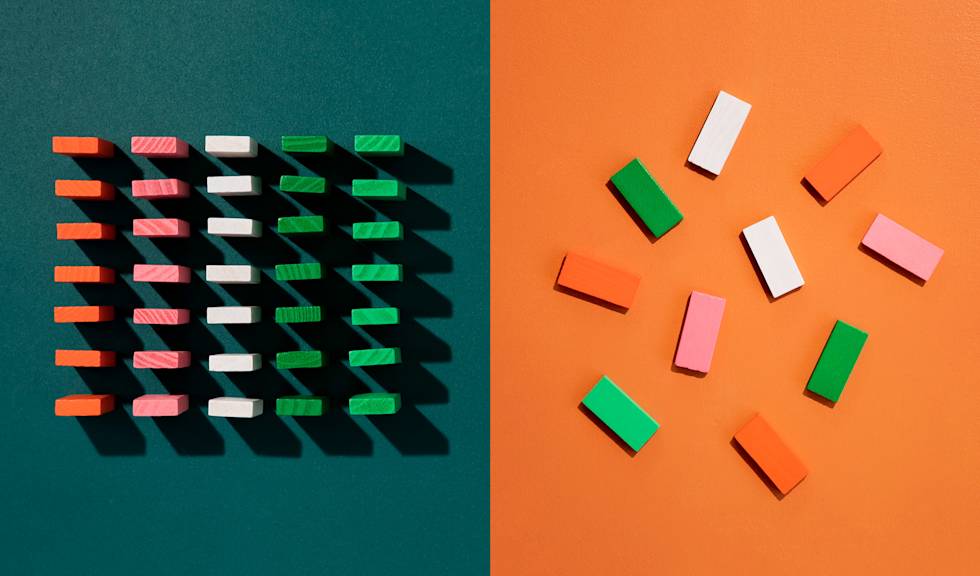 Rows of dominos standing up and on the other side, fallen down