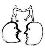 Two silhouetted faces in profile facing each other, with stick figures standing on top joining hands in a bridge-like formation.