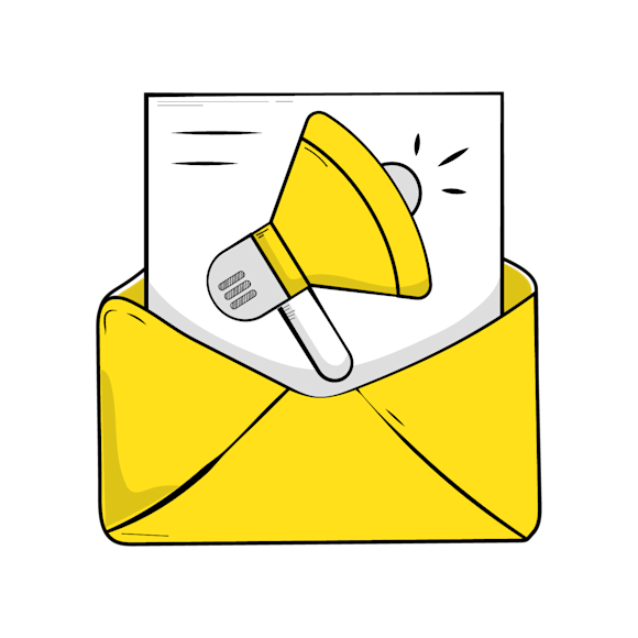 types of trigger emails - Yellow envelope with a megaphone on a piece of paper, shown in simple cartoon illustration style