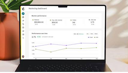 Laptop screen showing Mailchimp's marketing dashboard, which allows users to customize reports. This example shows performance over time for multiple metrics including revenue, average order revenue, total number of orders, and click rate.