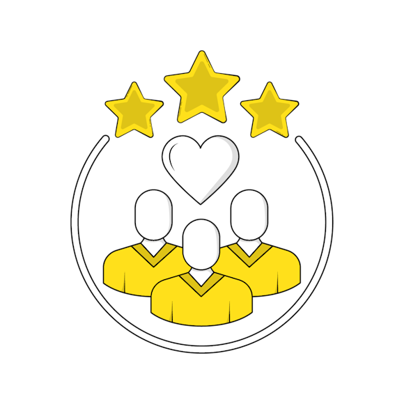 Icon showing three yellow figures in a semicircle with a heart above and three gold stars, representing teamwork and excellence