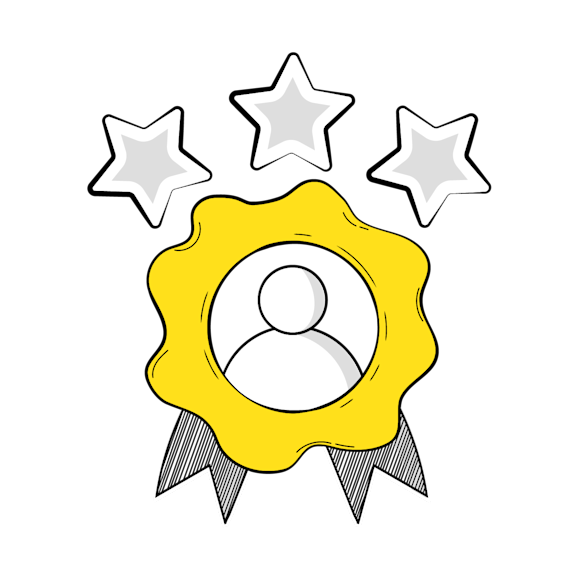 improve customer - Yellow badge with user icon in center and three gray stars above