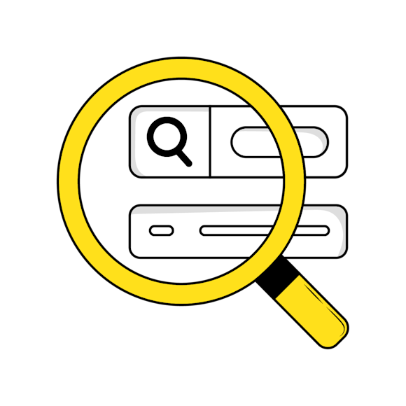 search engine optimization content relevance concept - Yellow magnifying glass examining a search bar and text field interface icon