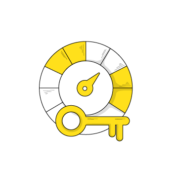 KPI definition - A circular gauge meter with yellow segments and a golden key icon below it