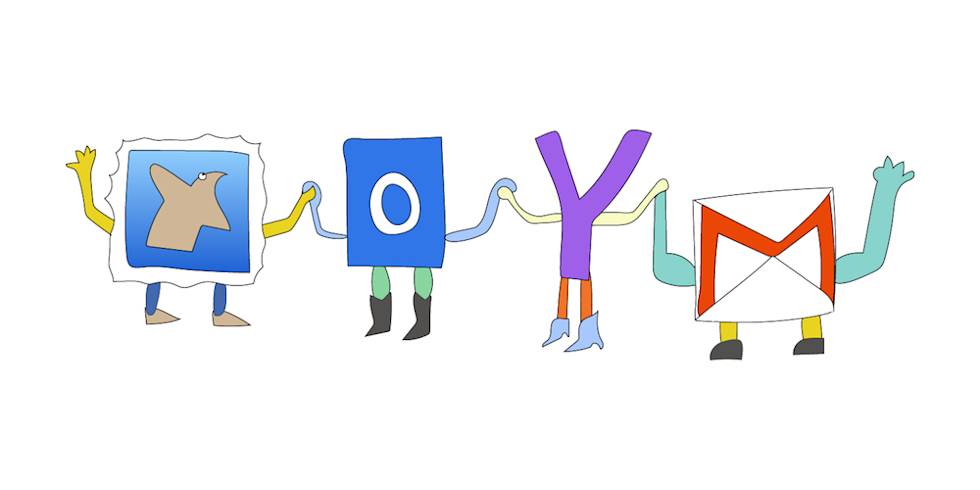 Cartoon characters spelling "JOY" using social media logos - Twitter bird, Facebook O, Yahoo Y, and Gmail envelope, with arms and legs
