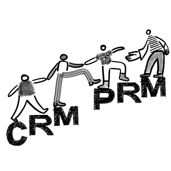 People walking and holding hands across “CRM” and “PRM”