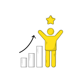 entrepreneurship - Simple line drawing of a bar graph climbing upward next to a stick figure with a yellow star above the head