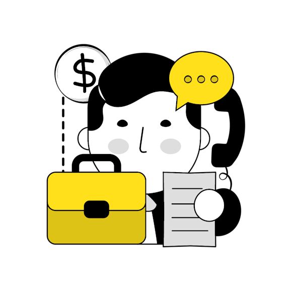 sales scripts - Cartoon illustration of business communication concept with briefcase, document, phone, and dollar sign icon in black, yellow and white