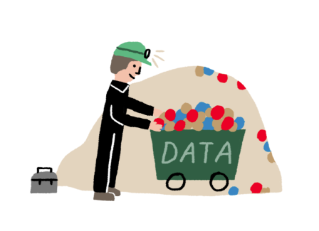Cartoon figures collecting and loading colorful spheres labeled "DATA" into wheelbarrows and carts