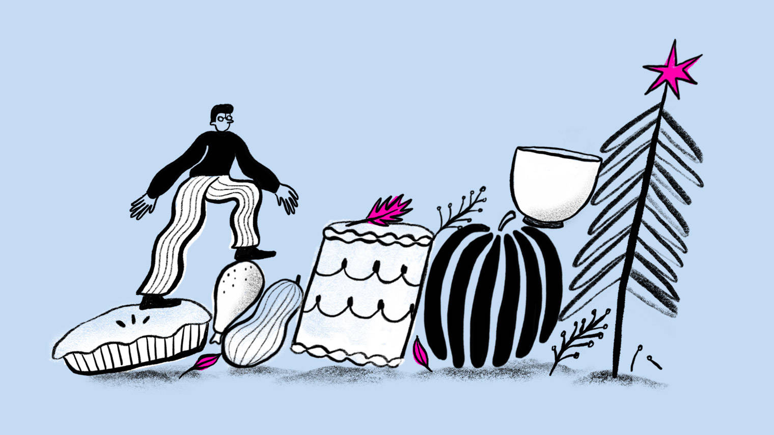 Illustration of a person climbing on holiday food