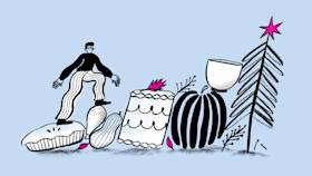 Illustration of a person climbing on holiday food