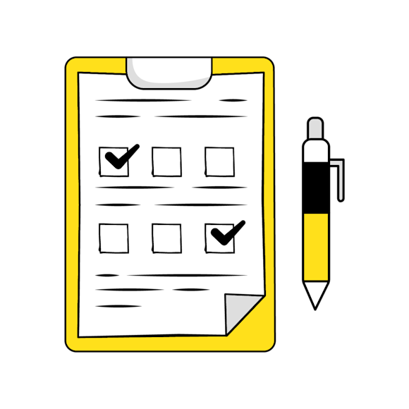 Types of NPS surveys concept - Yellow clipboard with checklist and checkmarks next to black pen. Two boxes checked among six total checkboxes.