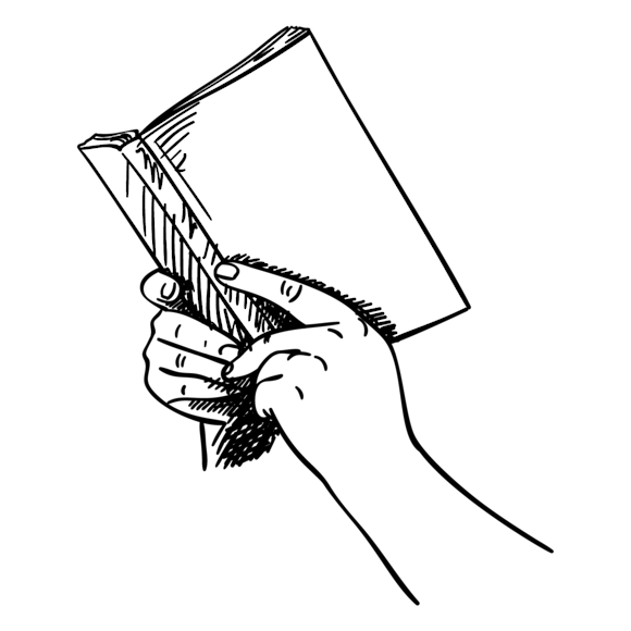 Hand holding a book in black and white sketch style, shown from a side angle