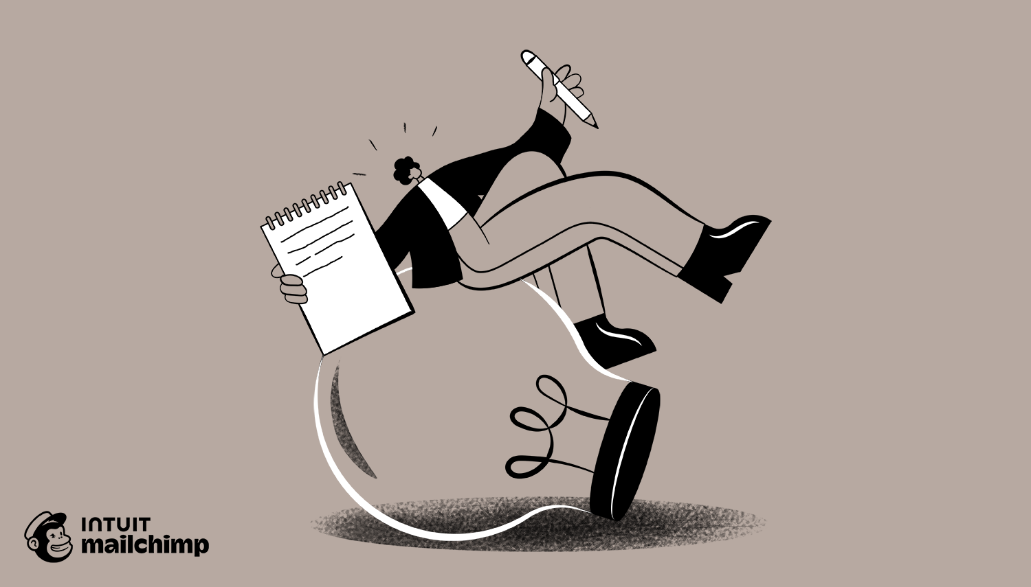 Cartoon figure bouncing on a spring while holding notepad and pen, illustrated in black and white against beige background