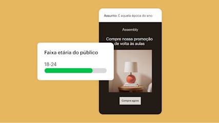 Exemplo de interface de usuário do Mailchimp com um exemplo de e-mail e a faixa etária do público a segmentar.