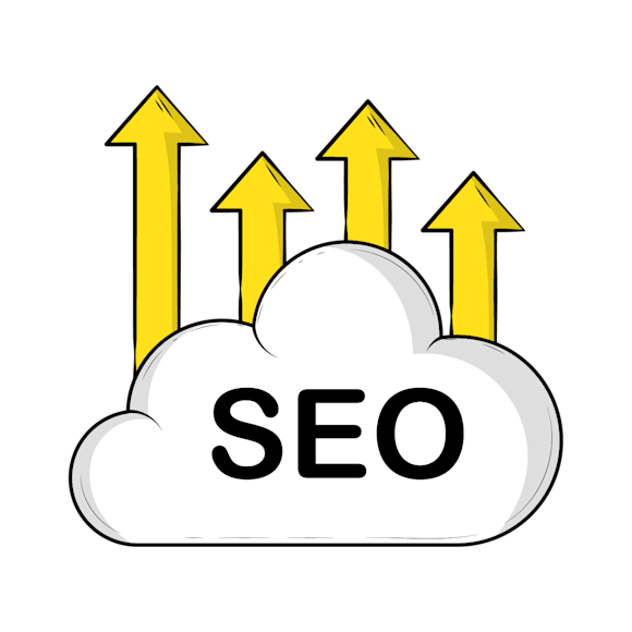 SEO benefits - White cloud shape with SEO text and four yellow upward arrows rising from it