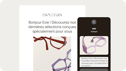 Exemples d'expériences client : messages multicanaux d'une marque fictive de lunettes. Le même message, promouvant de nouveaux produits, à la fois sous forme d'e-mail et de SMS.