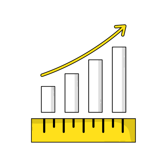 marketing metrics tracking concept - Simple bar graph showing increasing growth with white columns and yellow upward arrow, above a yellow ruler base