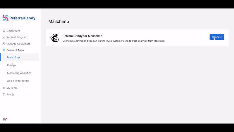 Animation showing how to connect Mailchimp and ReferralCandy
