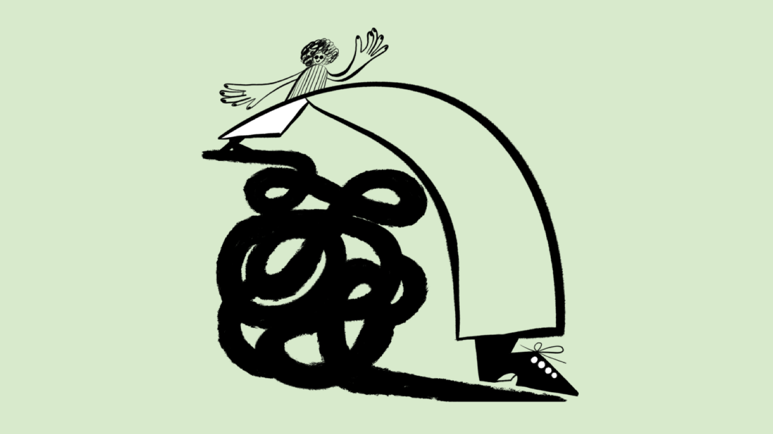 Person with curly hair and sunglasses lunging over crossroads.