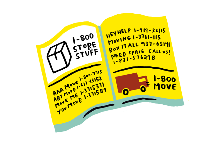 Yellow phone book pages showing moving and storage service listings with a box icon and truck logo, displaying various 1-800 numbers