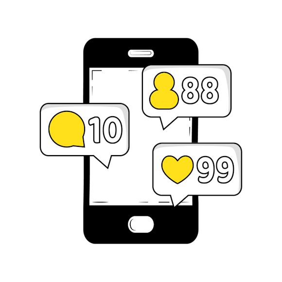 Influencer marketing and higher engagement rates concept - Smartphone displaying social media notification icons with numbers: 10 comments, 88 followers, and 99 likes in speech bubbles